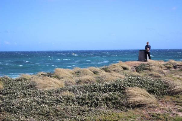 Sogar das Gras liegt flach und Susi hält krampfhaft den Hut fest, Point Hicks Marine NP